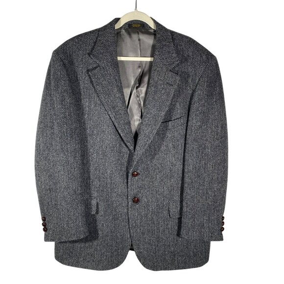 Harris Tweed Mens 46R Gray Herringbone Blazer Jacket 100% Pure Wool Handwoven - Picture 1 of 14
